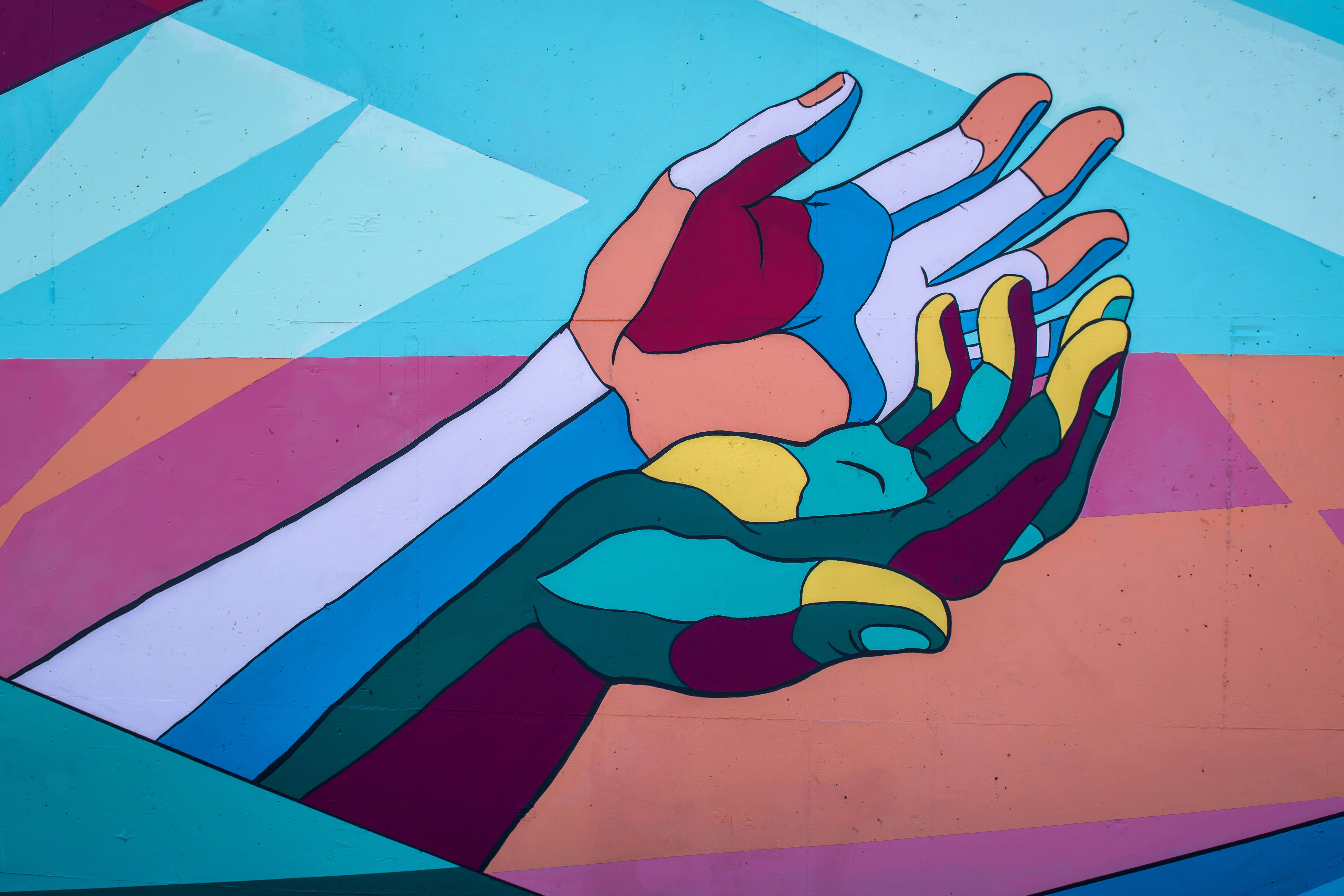 Illustration of two hands with bright bold colors